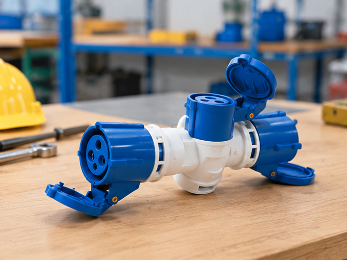 Industrial Multi Plug shown with multiple blue socket outlets, red connectors, protective covers, and black housing.