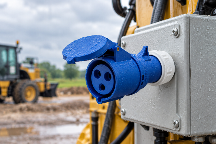 Blue industrial power connector with a hinged protective cover and white cable gland mounted on a metal junction box near construction equipment in a wet outdoor setting.